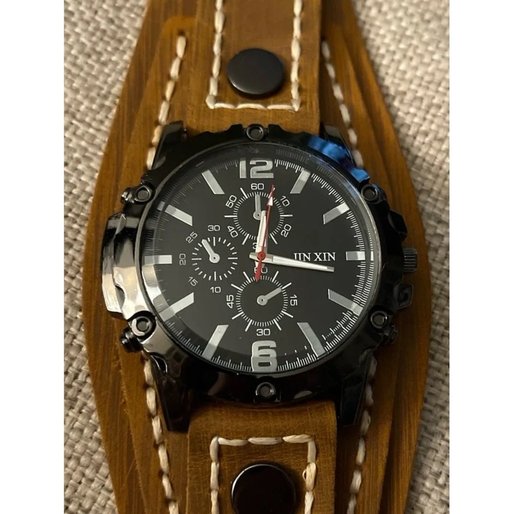 JIN XIN Mens Brown Leather Bund Strap Watch Black Dial Analog Sport Wristwatch
